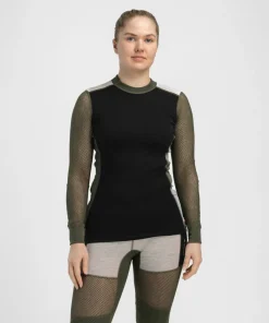 Aclima Women's WoolNet Hybrid Crew Neck Jet Black/Tarmac/Beige Melange