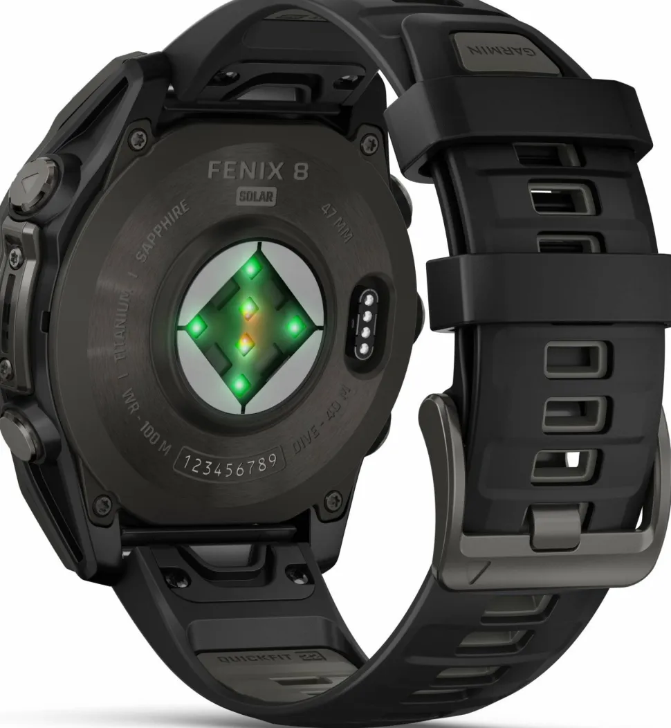 Garmin Fenix 8 Solar 47mm, Sapphire Solar Carbon Gray DLC Titanium - Black/Pebble Grey Silicone Strap