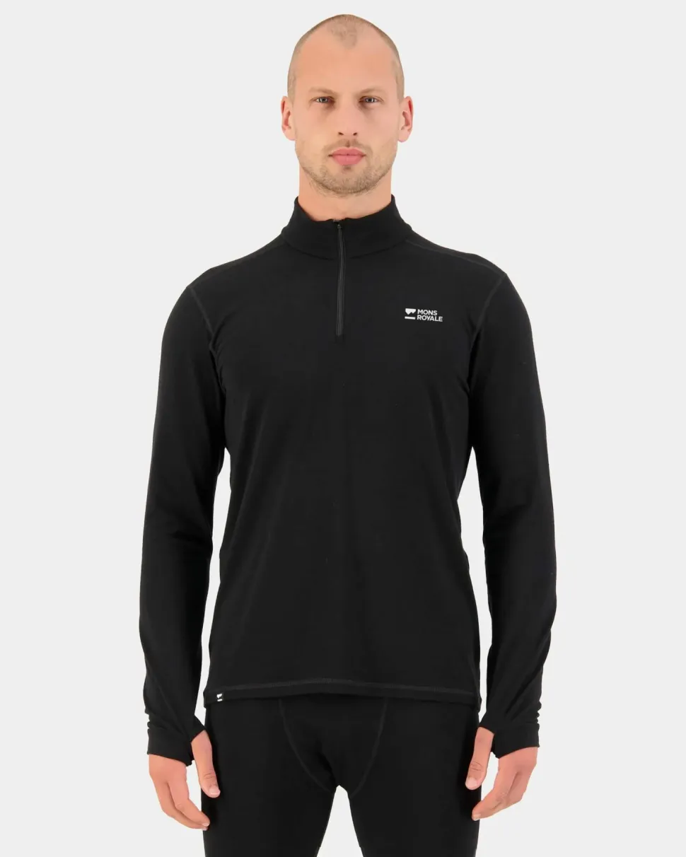 Mons Royale Men's Cascade Merino Base Layer 1/4 Zip Long Sleeve Black