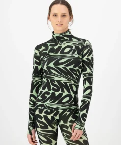 Mons Royale Women's Cascade Merino Base Layer Mock Neck Long Sleeve Signal Lost Matcha Hot