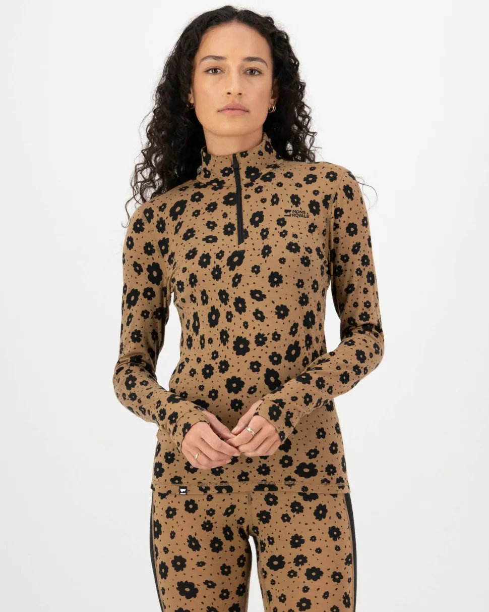 Mons Royale Women's Cascade Merino Base Layer 1/4 Zip Long Sleeve Aoraki Lily Toffee