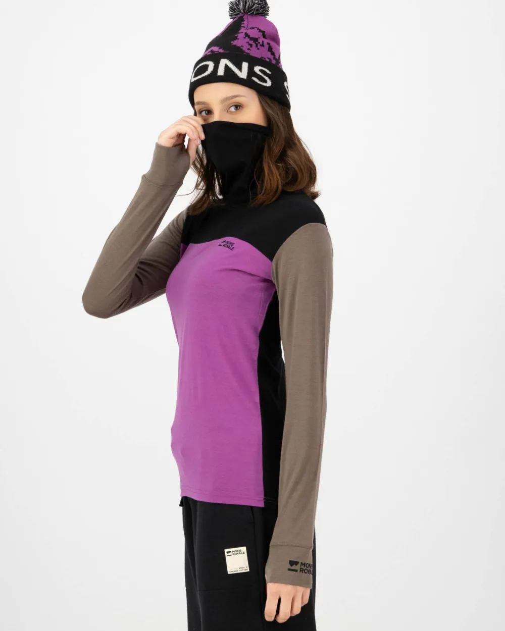 Mons Royale Women's Yotei Merino High Neck Long Sleeve Purple Bolt/Walnut/Black Clearance