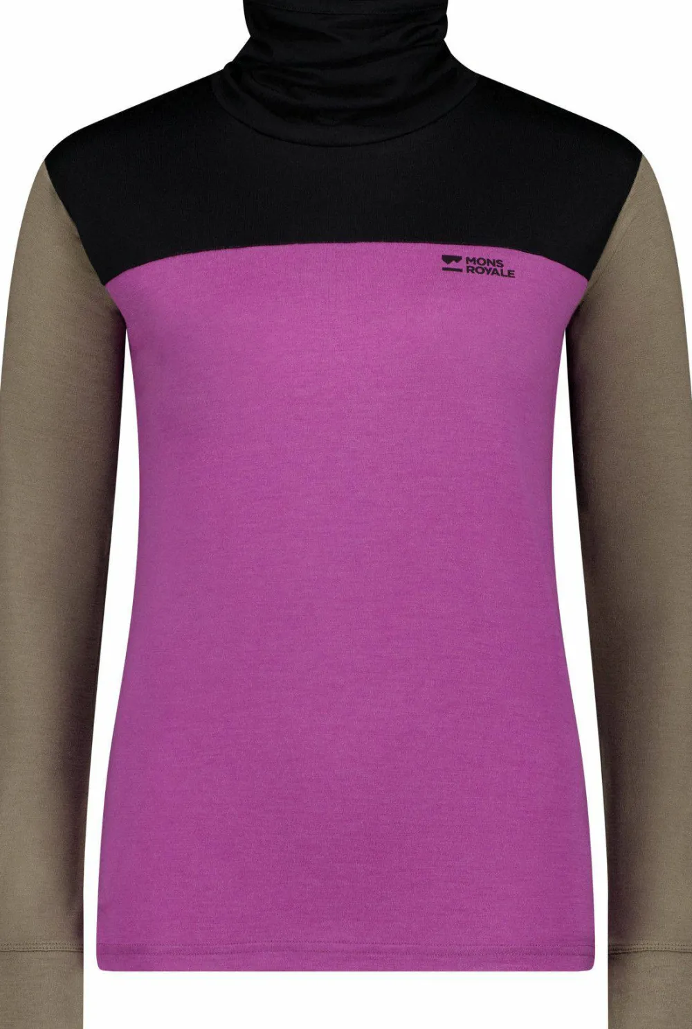 Mons Royale Women's Yotei Merino High Neck Long Sleeve Purple Bolt/Walnut/Black Clearance