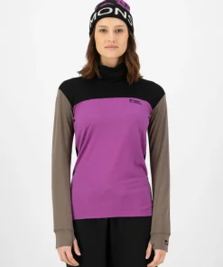 Mons Royale Women's Yotei Merino High Neck Long Sleeve Purple Bolt/Walnut/Black Clearance