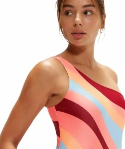Speedo Women's Printed Asymmetric 1 Piece Oxblood/Coral